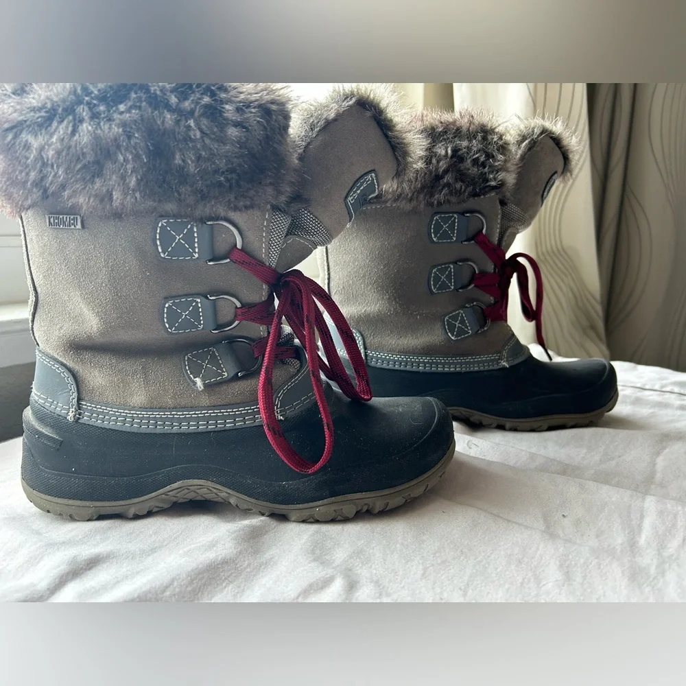 KHOMBU Women's Grey Leather Warm Winter Snow Boot Faux Fur